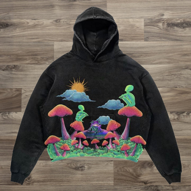 Retro fashion mushroom print hoodie