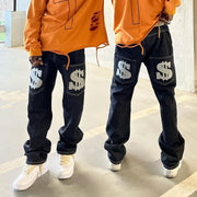 Letter Money Symbol Print Denim Trousers