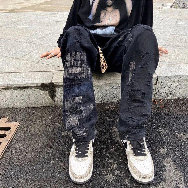 American heavy industry jeans male high street destruction embroidery knife cut hole loose wide-leg pants