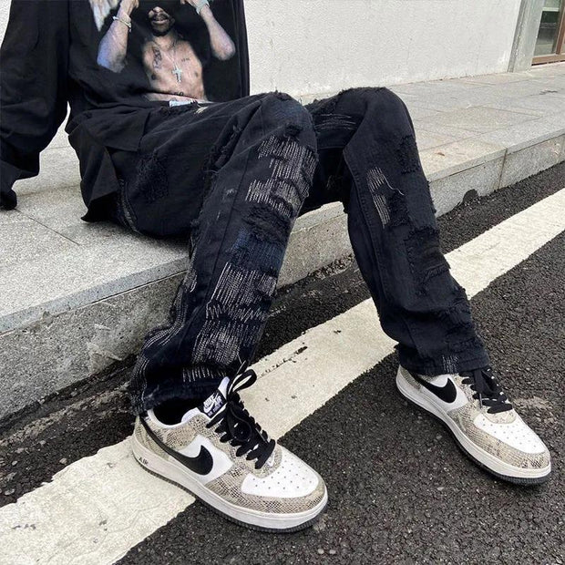 American heavy industry jeans male high street destruction embroidery knife cut hole loose wide-leg pants