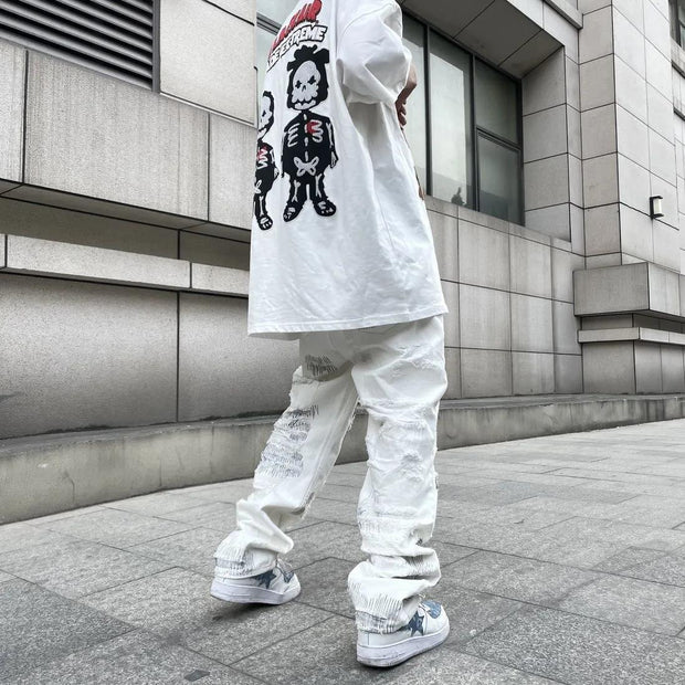 American heavy industry jeans male high street destruction embroidery knife cut hole loose wide-leg pants