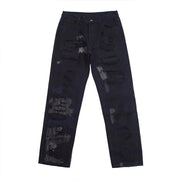 American heavy industry jeans male high street destruction embroidery knife cut hole loose wide-leg pants