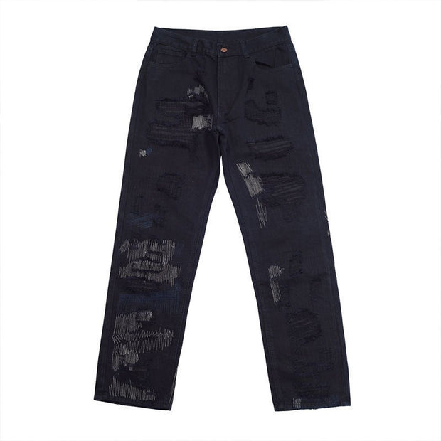 American heavy industry jeans male high street destruction embroidery knife cut hole loose wide-leg pants