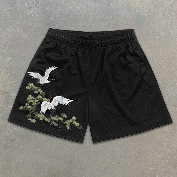 crane graphic print elastic shorts