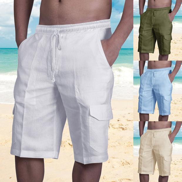 Linen Shorts Multi Pocket Tie Men's Beach Cargo Pants
