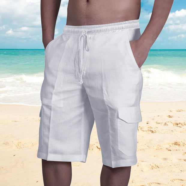 Linen Shorts Multi Pocket Tie Men's Beach Cargo Pants