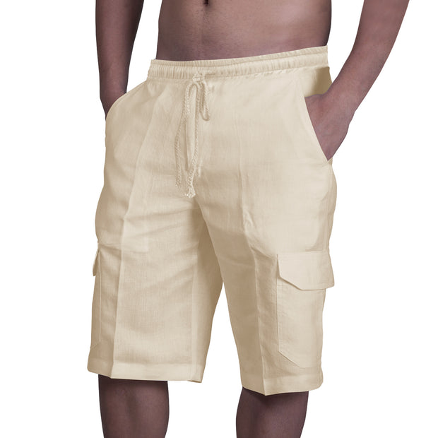 Linen Shorts Multi Pocket Tie Men's Beach Cargo Pants