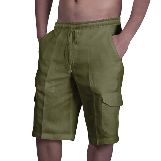 Linen Shorts Multi Pocket Tie Men's Beach Cargo Pants