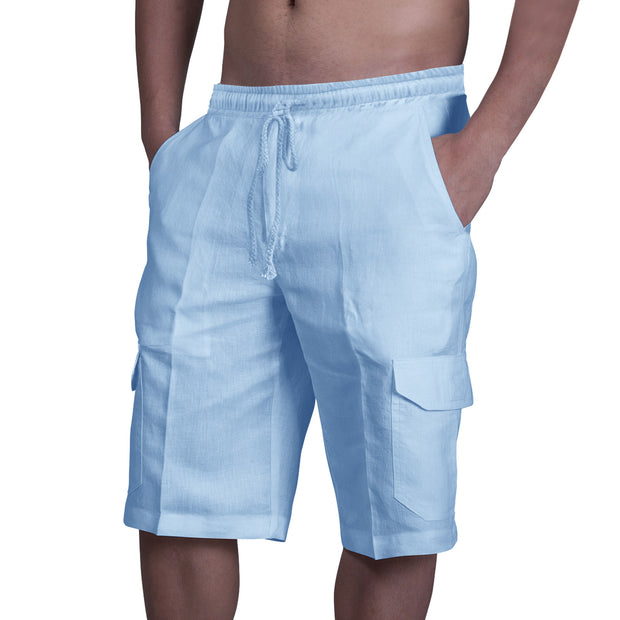 Linen Shorts Multi Pocket Tie Men's Beach Cargo Pants