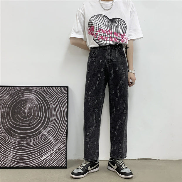 Wide-leg jeans men's loose straight-leg trousers old pants