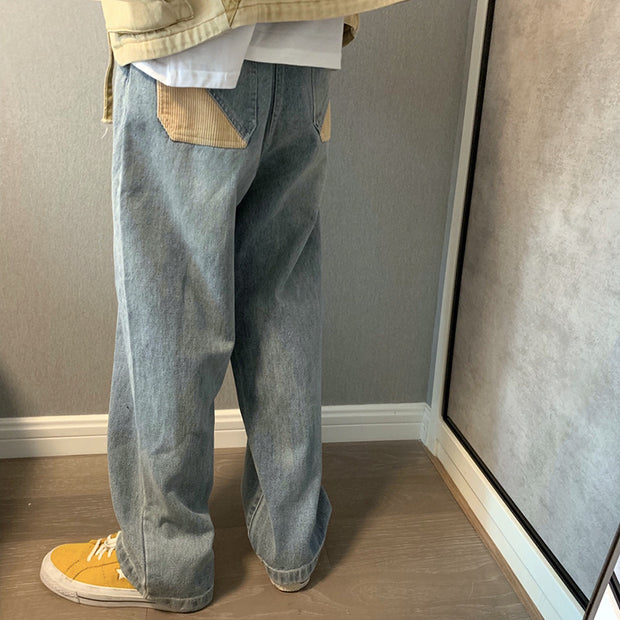 Loose straight-leg light-colored jeans rolled edge mopping trousers lazy style