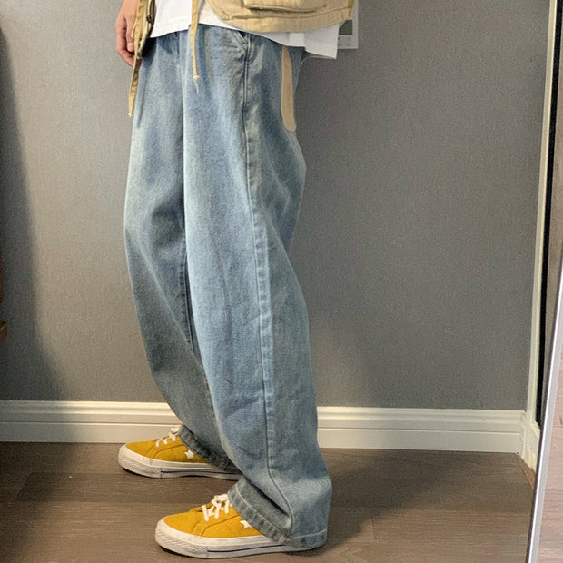 Loose straight-leg light-colored jeans rolled edge mopping trousers lazy style