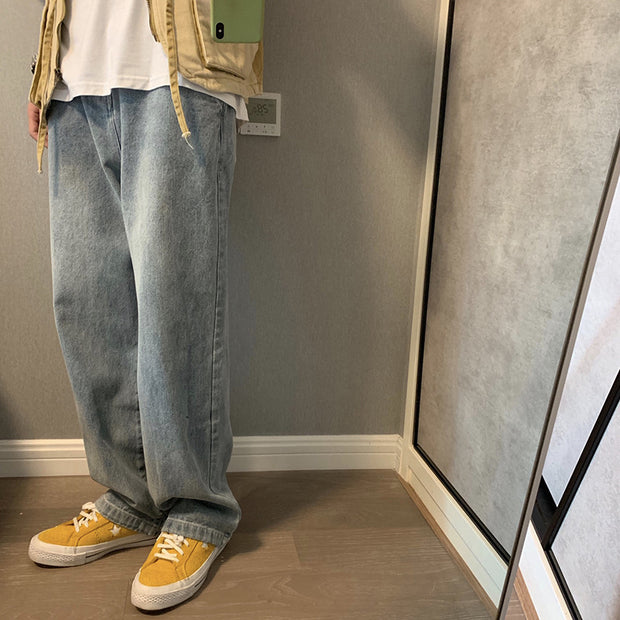 Loose straight-leg light-colored jeans rolled edge mopping trousers lazy style