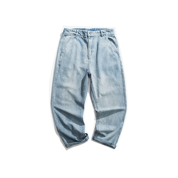 Loose straight-leg light-colored jeans rolled edge mopping trousers lazy style
