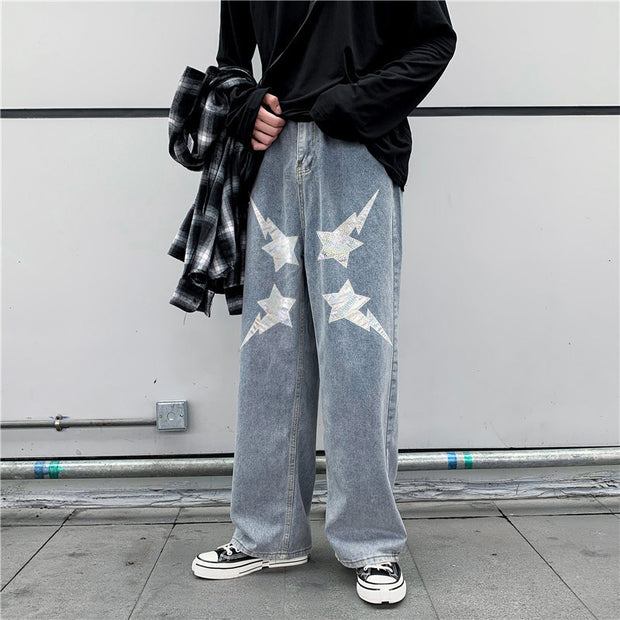 Hip-hop fashion print casual street style denim trousers