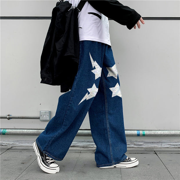 Hip-hop fashion print casual street style denim trousers