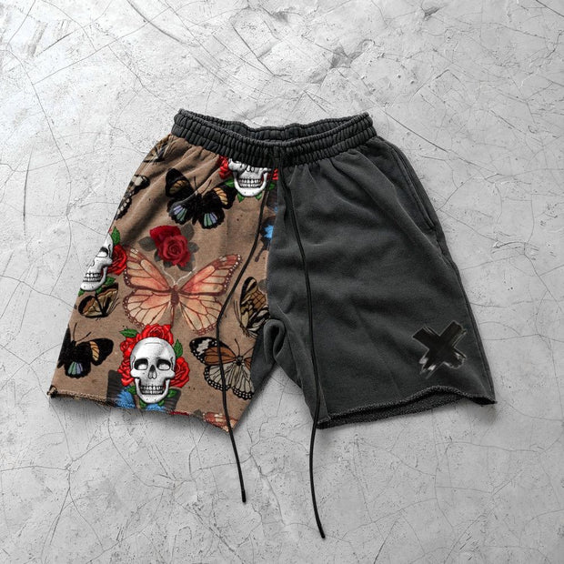 Skull butterfly print patchwork casual shorts