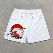 Sakura and Crane Graphic Print Elastic Shorts