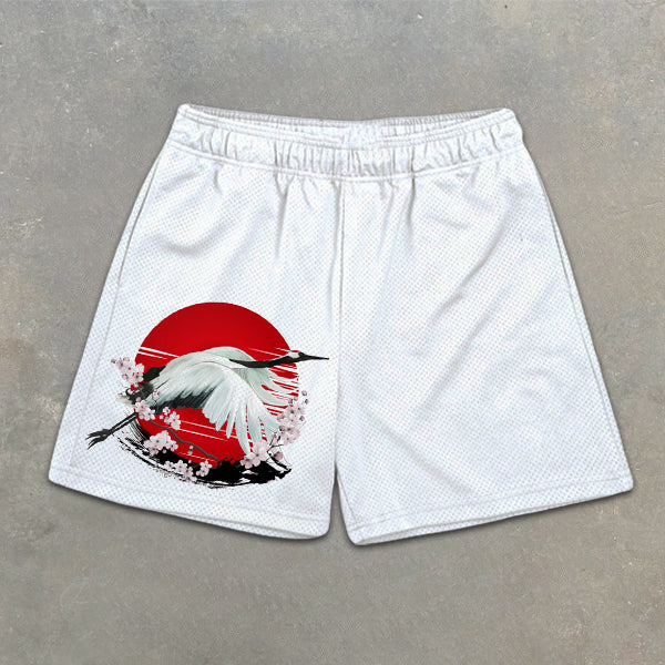 Sakura and Crane Graphic Print Elastic Shorts