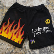 Casual personality flame smiley print shorts