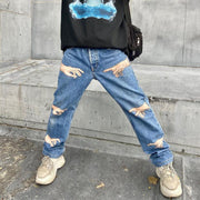 Casual personality finger print retro denim trousers