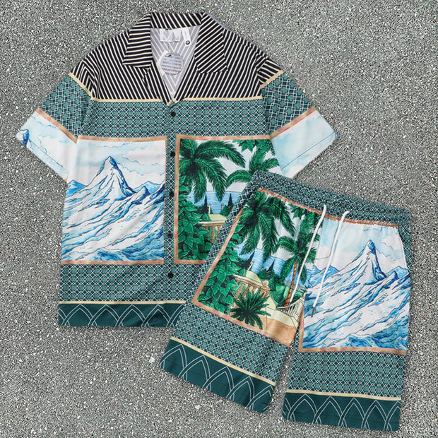 Street Stripe Print Loose Short Sleeve Shirt Casual Set