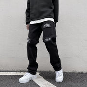 Retro cashew nut flower jeans high street black hole straight loose loose and thin hiphop trousers