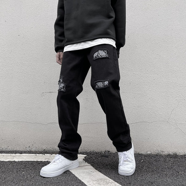 Retro cashew nut flower jeans high street black hole straight loose loose and thin hiphop trousers