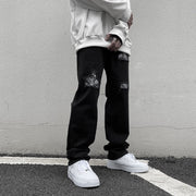 Retro cashew nut flower jeans high street black hole straight loose loose and thin hiphop trousers