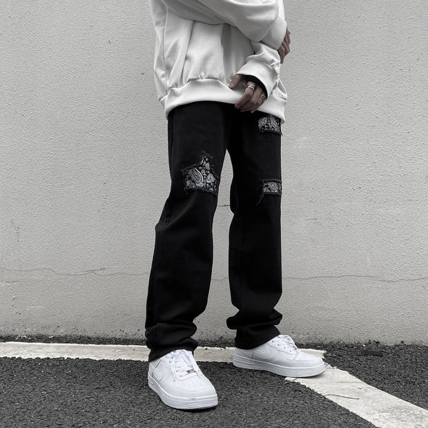 Retro cashew nut flower jeans high street black hole straight loose loose and thin hiphop trousers