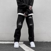 Retro cashew nut flower jeans high street black hole straight loose loose and thin hiphop trousers