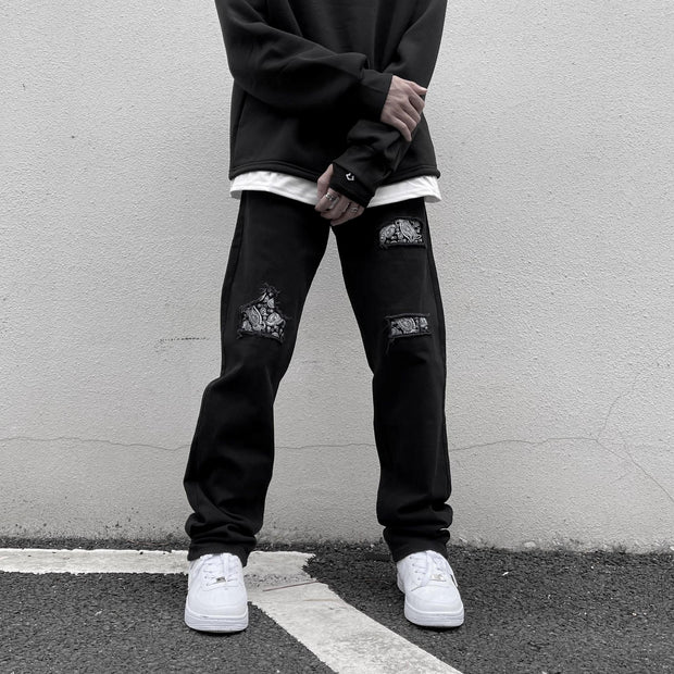 Retro cashew nut flower jeans high street black hole straight loose loose and thin hiphop trousers