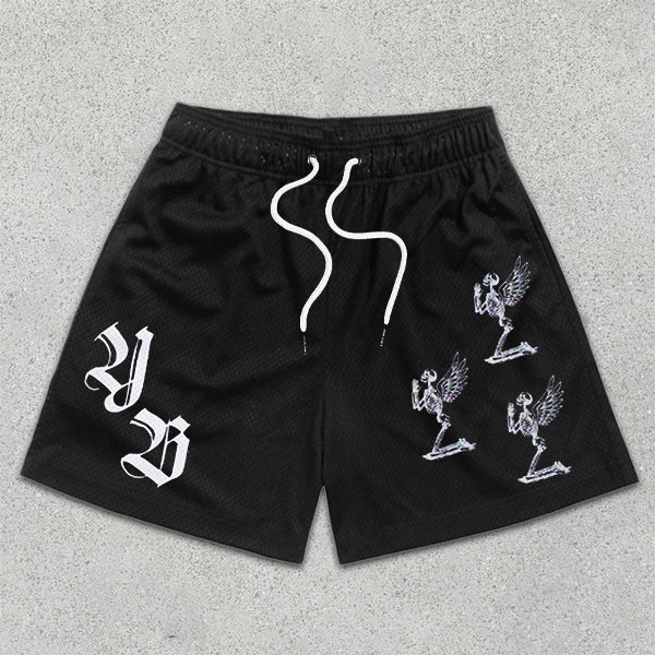 Skull Angel Graphic Print Elastic Shorts