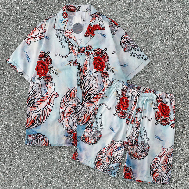 Casual Tiger Country Style Loose Short Sleeve Shirt Shorts Suit