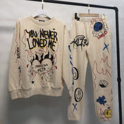 Personalized street style graffiti print loose round neck sweatshirt suit