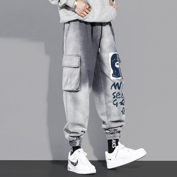 Autumn trend cartoon graffiti beam jeans male loose harem gradient velcro ins harem pants male