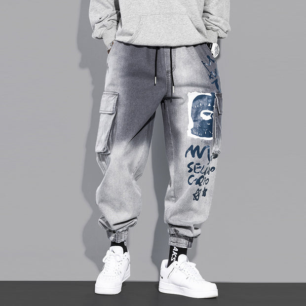 Autumn trend cartoon graffiti beam jeans male loose harem gradient velcro ins harem pants male