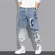Autumn trend cartoon graffiti beam jeans male loose harem gradient velcro ins harem pants male