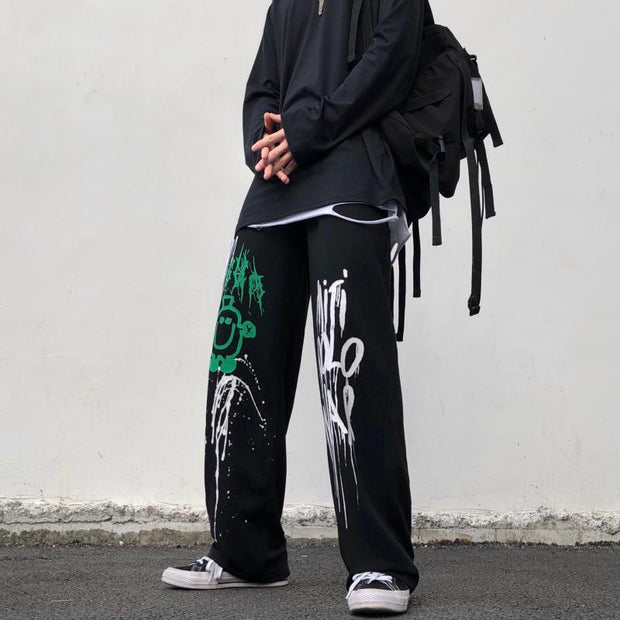 Dark graffiti butterfly wide-leg pants