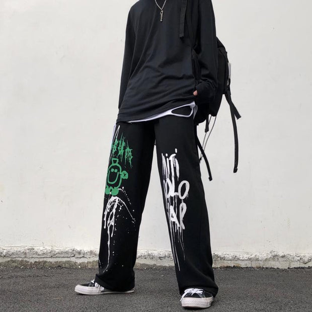 Dark graffiti butterfly wide-leg pants