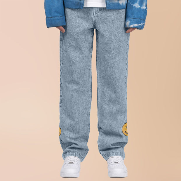 Casual street style smiley print straight-leg jeans