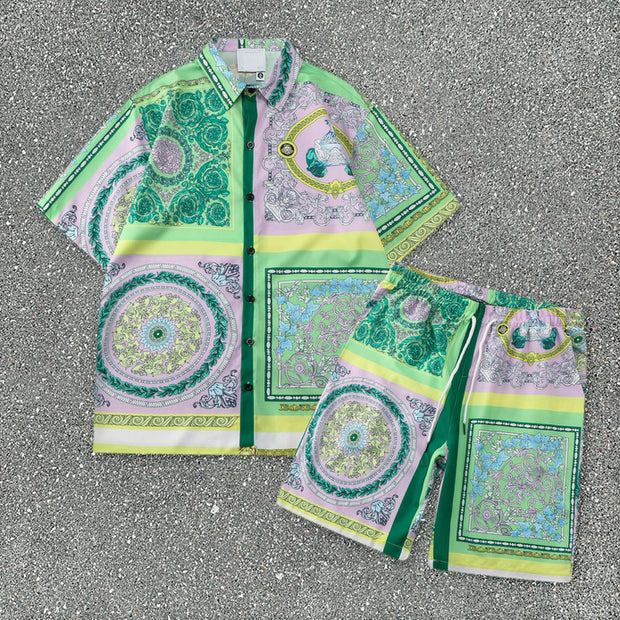 Beach Casual Cashew Green Print Loose Shorts Shirt Set