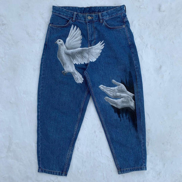 Plaid Personalized Print Fashion Loose Jeans