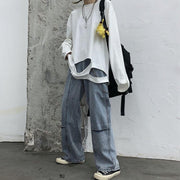 Retro pocket high waist jeans loose straight wide leg pants
