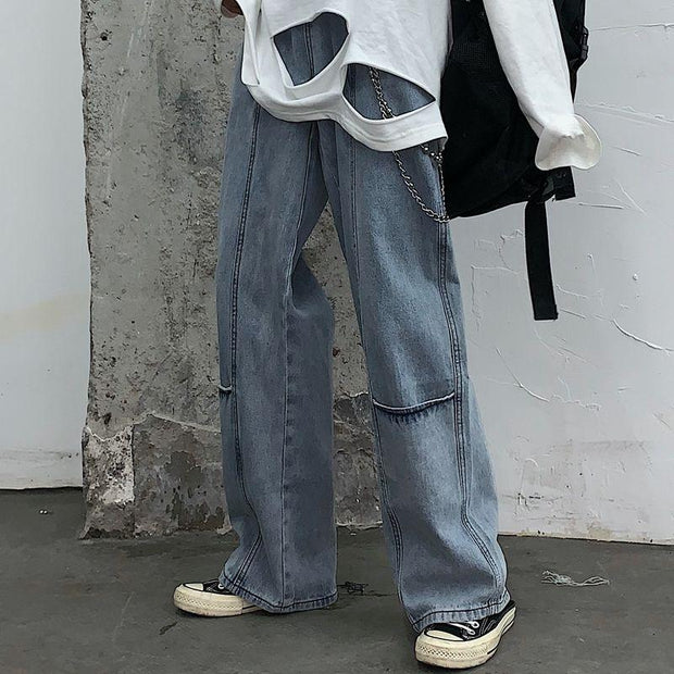 Retro pocket high waist jeans loose straight wide leg pants