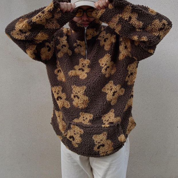 Bear pattern plush loose stand-up collar cashmere cashmere high-neck sweatshirt