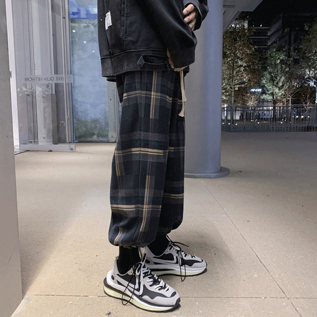 All-match Hong Kong-style casual loose-fit check pants