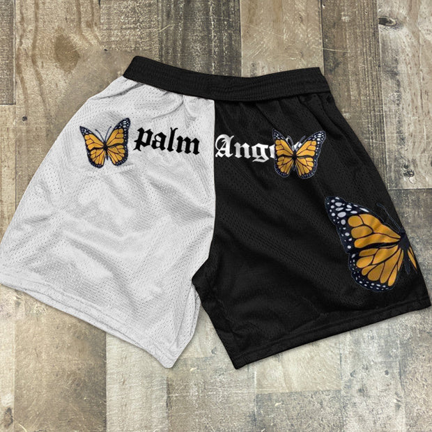 Stitching contrast butterfly print retro casual shorts