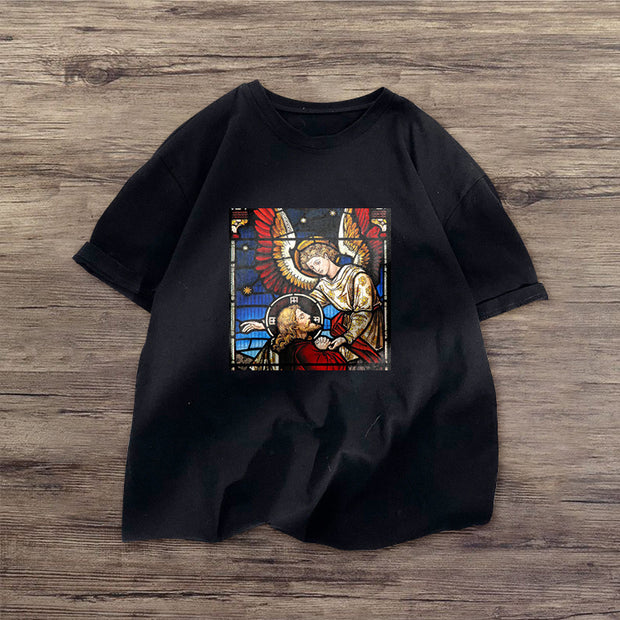 Retro print round neck short-sleeved T-shirt