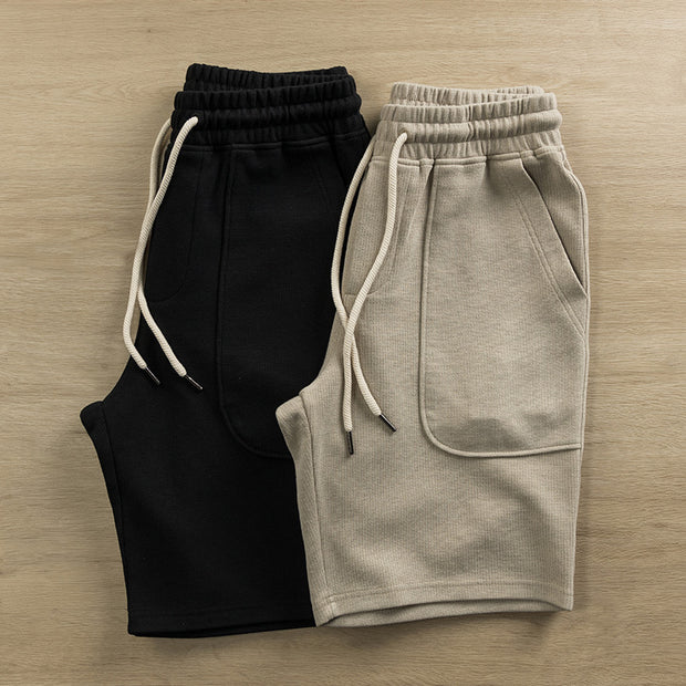 Knit Loose Cropped Pants Drawstring Large Pocket Athleisure Shorts